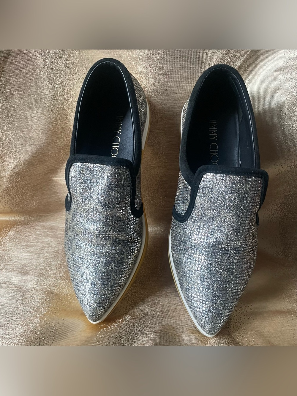 Jimmy Choo Silver Crystal Pointed Toe Slip-On Sneakers Size 37